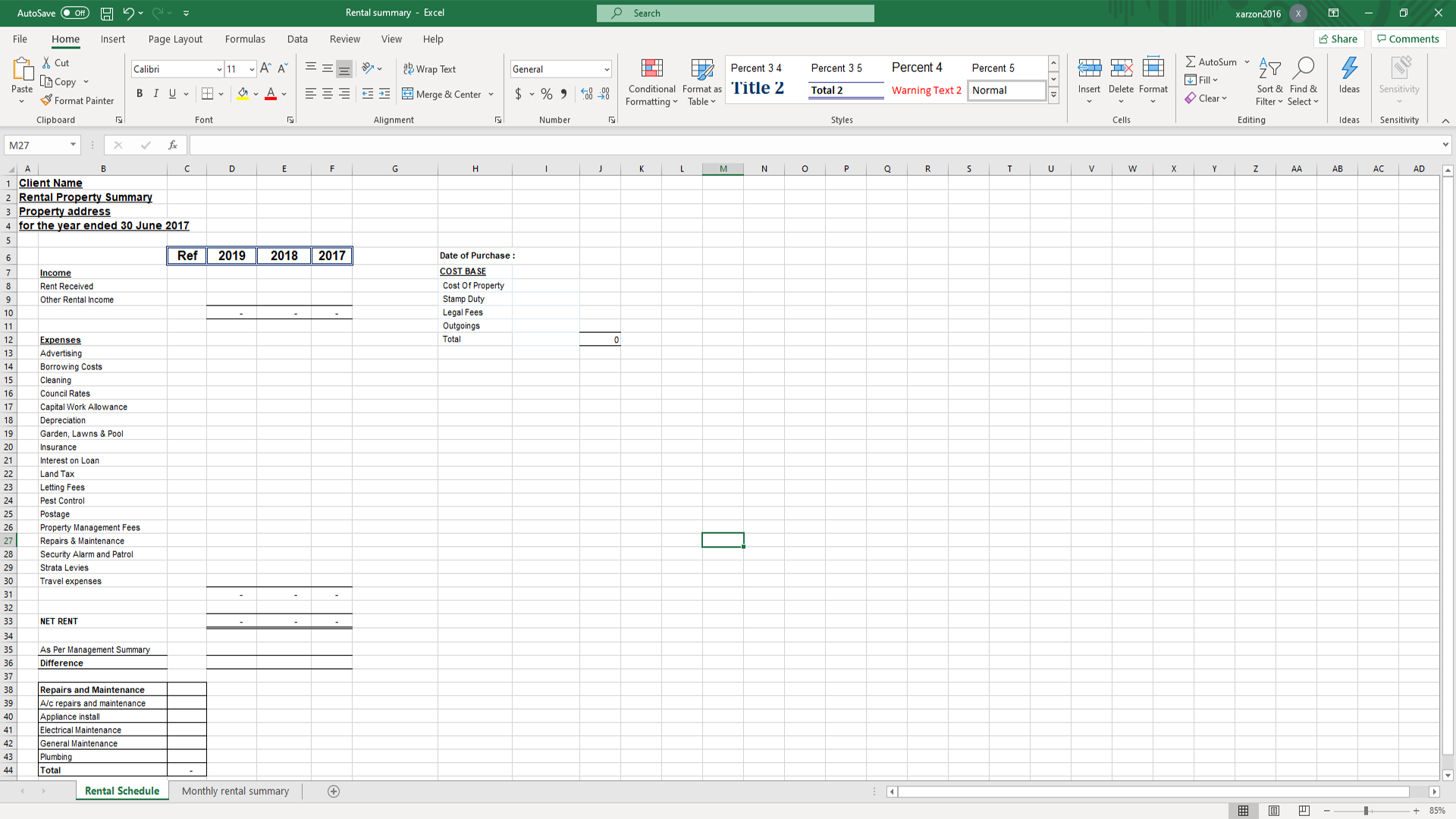 Ms Excel document | rental summary